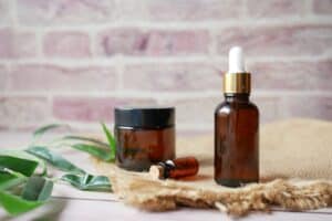 Brown glass bottles with natural elements