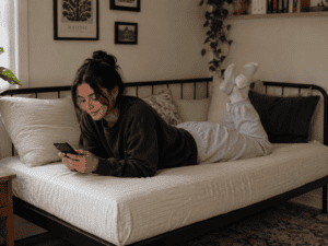 Person relaxing on daybed, using phone.