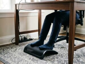 someone working remotely using under the desk footrest