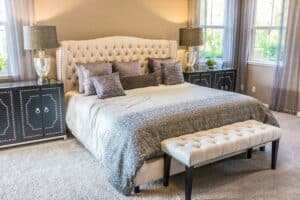 upholstered bed frame in a home
