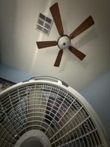 a ceiling fan and a floor fan for bedroom setup